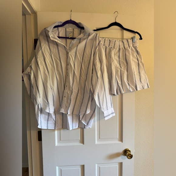 NEW Aerie Good Day Shirt & Shorts SET Boyfriend Lounge Medium Blue White NWT - Picture 4 of 10